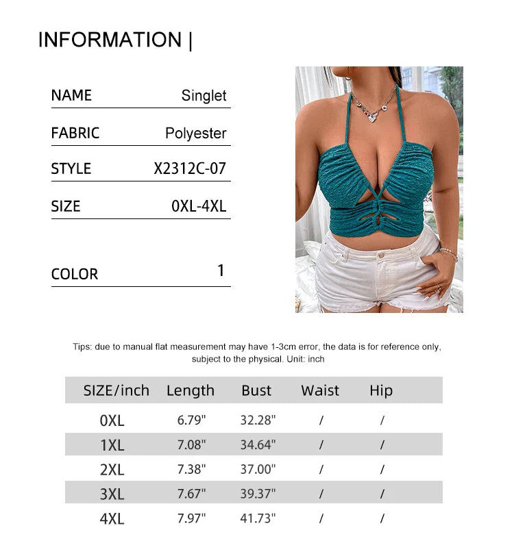 Plus Size Best for Summer  Women's Sleeveless Cross Drawstring Short Vest, Backless, Spaghetti Straps, Halter Neckline
