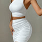 Women White Sexy Halter Neck Sleeveless Backless Two Piece Set Strapless Pleated Slim Bodycon Evening Dresses