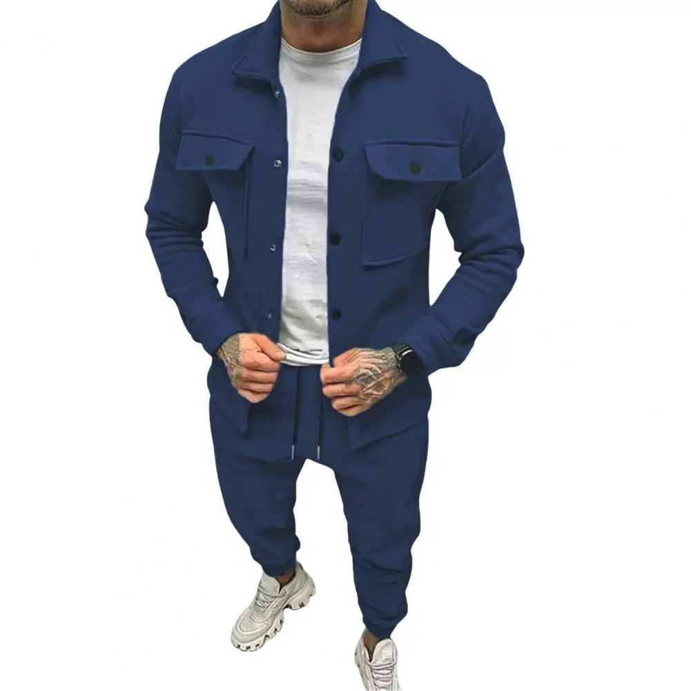 Men Two-piece Suit Set Winter Thick Warm Casual Suit Outfit Long Sleeve Coat Long Trousers Set Fashion Men's Activewear Outwear