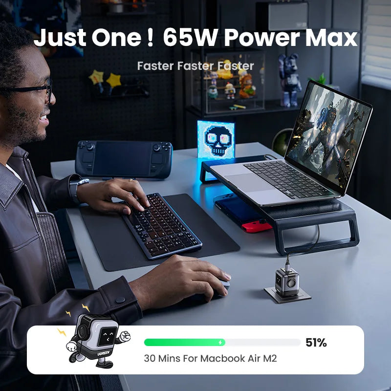 UGREEN 65W GaN Charger Uno Robot Design Quick Charge 4.0 3.0 PPS PD Fast Charger for iPhone 16 15 14 Pro Macbook  Laptop Tablet
