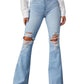 Women Denim Flare Pants Streetwear Jeans Loose Fit High Waist Pockets Holes Ankle Length Solid Color Spring 2024 Zipper Fly