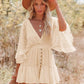 White Lace Tunic Sexy Deep V Neck Button Bikini Cover-ups Women Clothes 2025 Summer Sexy Ruffles Long Sleeves Mini Dress A1132
