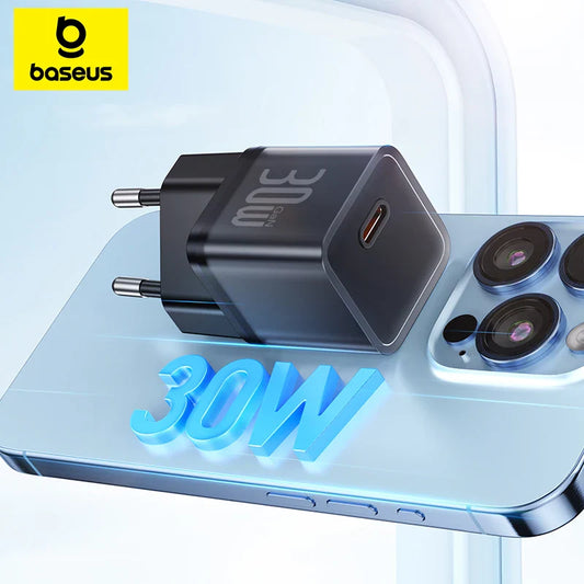 Зарядний пристрій Baseus 30W GaN для телефону, зарядний пристрій для iPhone 16 15 14 13 12 Pro Max, USB C зарядний пристрій, підтримка PD QC PPS швидкої зарядки для ноутбука