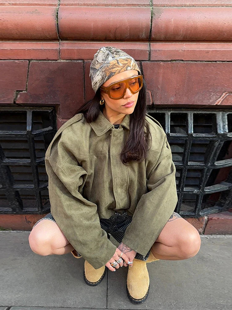 Fashion Brown Suede Bomber Jacket Women Elegant Zipper Lapel Long Sleeve Short Coats Female Vintage Street Chic Lady Outerwear