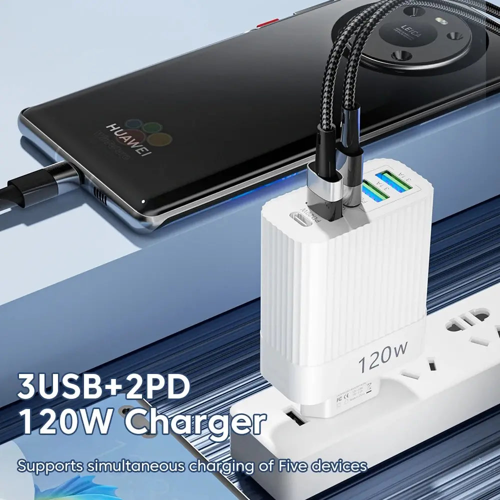 USB швидкий зарядний пристрій 5 портів PD Type C швидка зарядка адаптер для телефону iPhone 15 Pro Samsung Xiaomi Huawei USB C настінний зарядний пристрій