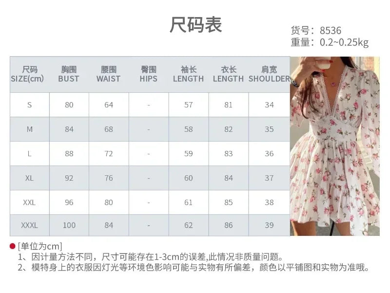 Printed V-Neck Lace Short Dress Slim Fits 2024 Summer Sexy Dress Long Sleeve Women's Sweet High Waist Sexy A-line Mini Dress