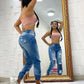 Women Denim Jeans Ankle Length Print Holes Pencil Pants Pockets Washing Slim Basics Zipper Fly Spring Flat Slight Strech