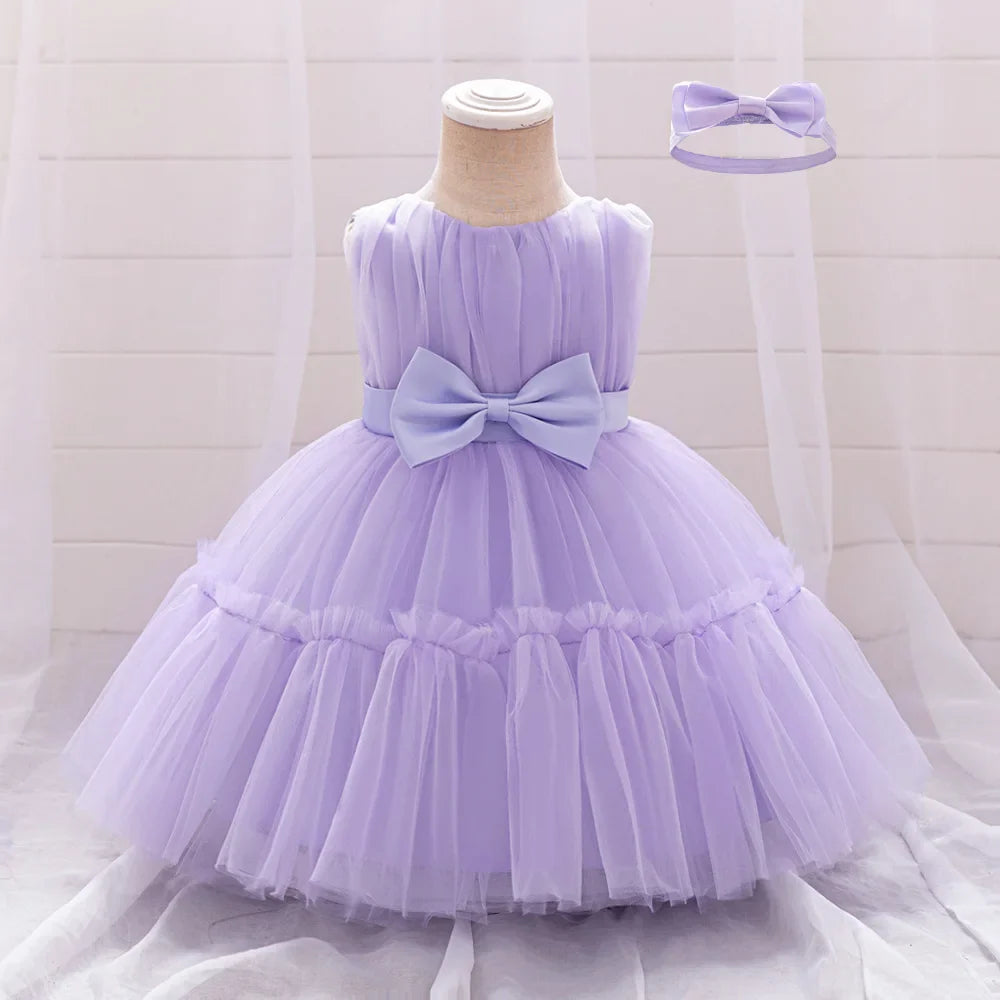 Baby Pleated Girl Princess Dress Outfit Infant White 1st Birthday Baptism Dress Toddler Bow Party Wedding Prom Gown Baby Clothes