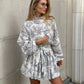 White Elegant Mini Shirt Dress Women Fashion Ruffles Lantern Sleeve Dresses For Women 2025 Vintage Print Lace Up Robe Femme