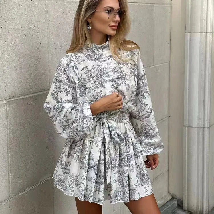 White Elegant Mini Shirt Dress Women Fashion Ruffles Lantern Sleeve Dresses For Women 2025 Vintage Print Lace Up Robe Femme