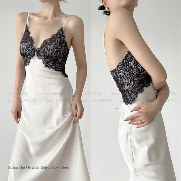 Female Long Chemise Nightgown Lingerie Sexy Lace Backless Nightdress Home Clothes Summer New Silk Satin Sleepwear Loungewear