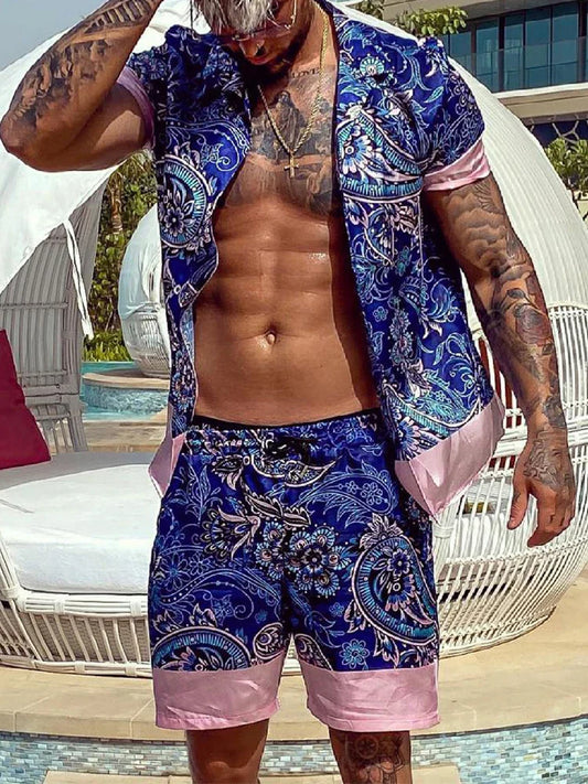 Beach Style Casual Two Piece Mens Outfits Set Summer Fashion Striped Short Sleeve Lapel Shirts and Shorts Suits for Men Clothing