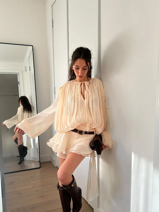 Fashion Ruffles Hem Solid Mini Dress Women Elegant O-neck Lantern Sleeve Short Dresses 2025 New High Street Vocation Vestidos