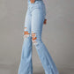 Women Denim Flare Pants Streetwear Jeans Loose Fit High Waist Pockets Holes Ankle Length Solid Color Spring 2024 Zipper Fly