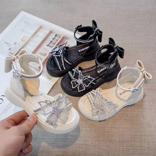 Rhinestone Princess Shoes for Girls Sandals for Dress Shoes Bow Kids Flat Beach Children's Elegant Party Sandals black white