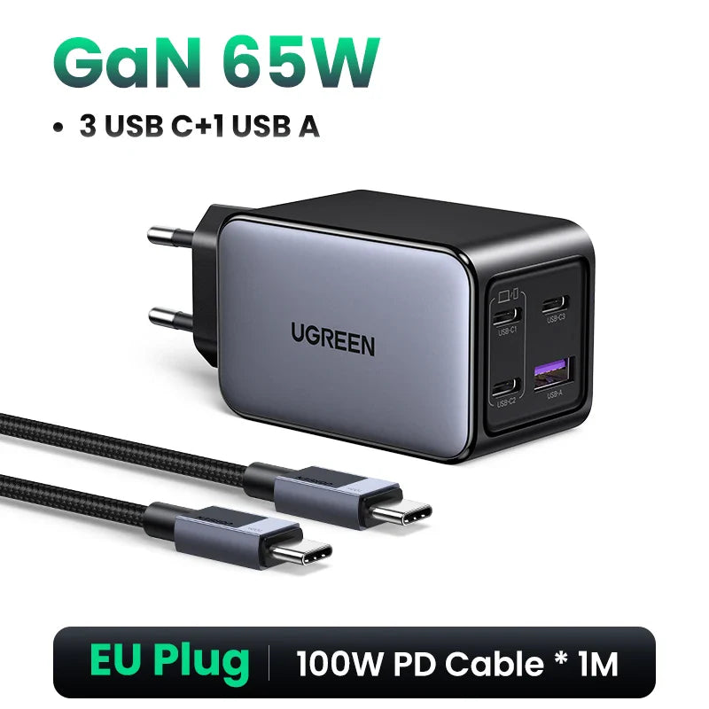 UGREEN 65W GaN зарядний пристрій 4 порти USB C швидка зарядка Quick Charge 3.0 PD 3.0 для Macbook Air, ноутбуків, планшетів, iPhone 16 15 14 Pro Max