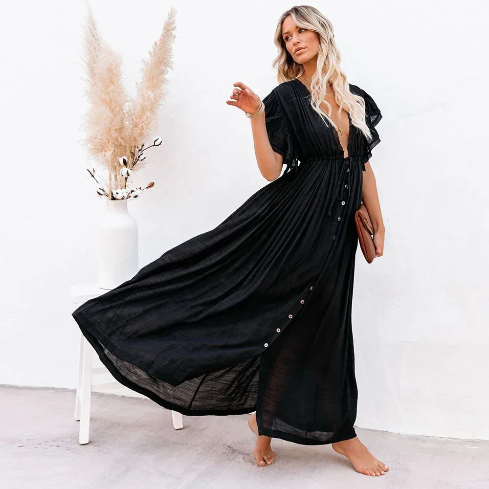 Women Swimsuit Cover Ups Mandarin Sleeve Kaftan Beach Tunic Dress Robe De Plage Solid White Pareo Beach Cover-ups