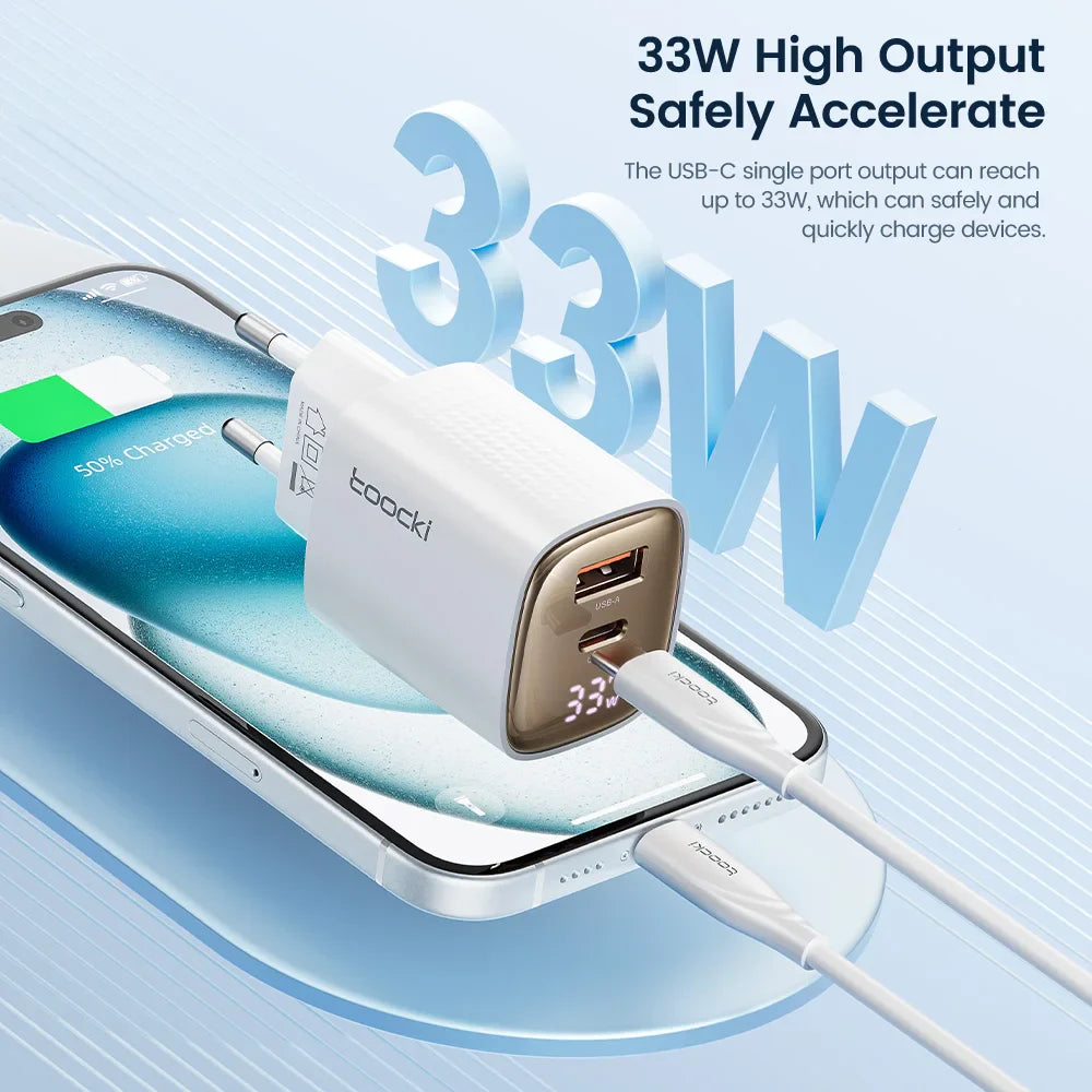 Зарядний пристрій Toocki GaN USB 33W з цифровим дисплеєм QC3.0 PD швидка зарядка Type C для iPhone 15 14 13 Pro Max Smausng Xiaomi Honor POCO