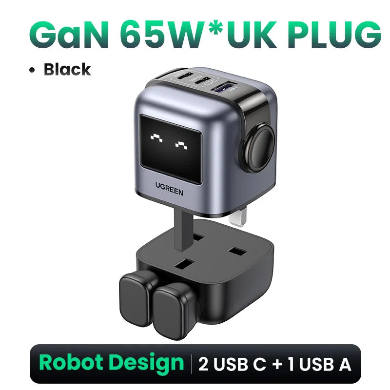 UGREEN 65W GaN зарядний пристрій Uno Robot Design швидка зарядка 4.0 3.0 PPS PD швидкий зарядний пристрій для iPhone 16 15 14 Pro Macbook ноутбук планшет