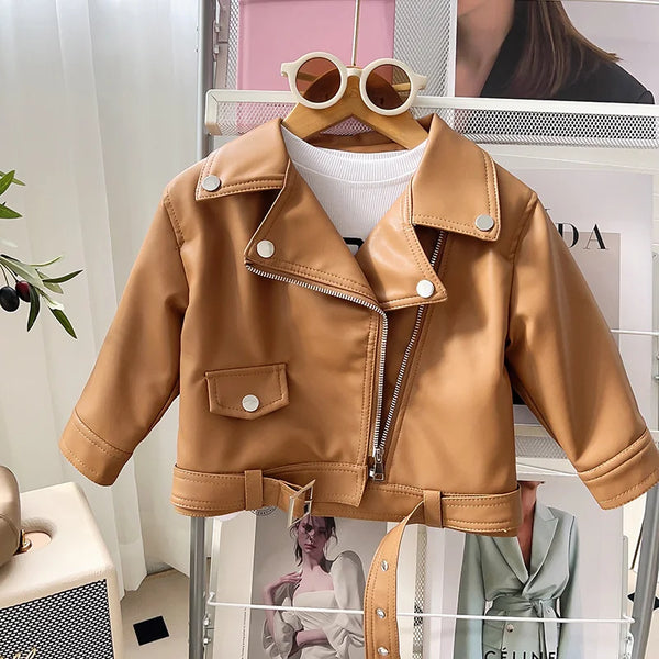 Baby Girls Leather Coat Boys Spring Jacket Kids Short Lapel Clothes Autumn New Outerwear Children's Fashion Casual Zip Tops