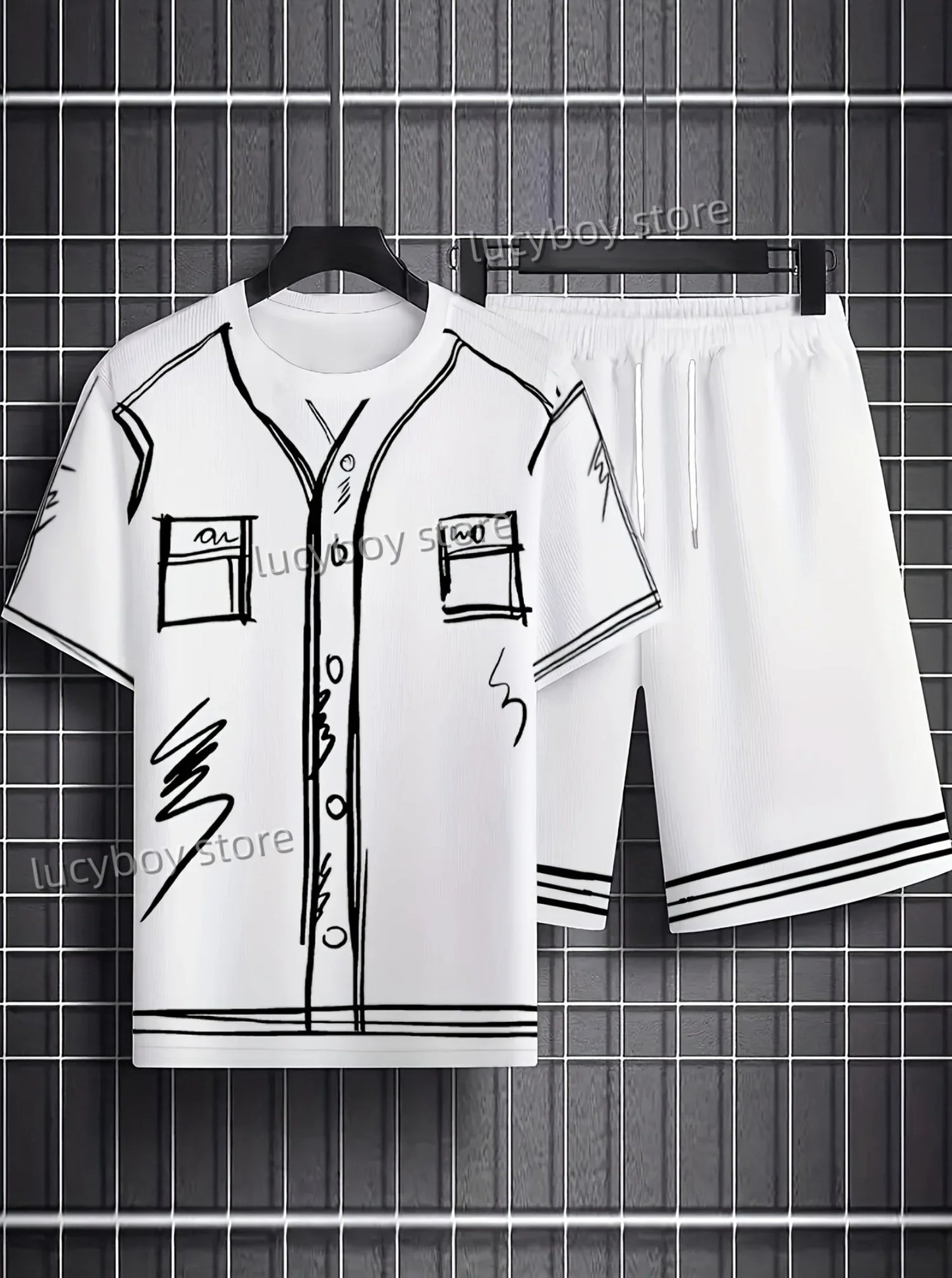 new Men Funny Scribble Sport T-shirt+shorts Suit Set American high luxury Tracksuit Outfit Summer Oversized 2 Piece Set Clothes