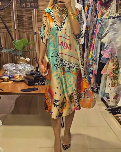 Casual V Neck Loose Midi Dresses For Women Summer Leopard Colorful Printed A-Line Party Dress Short  Sleeve Female Clothing