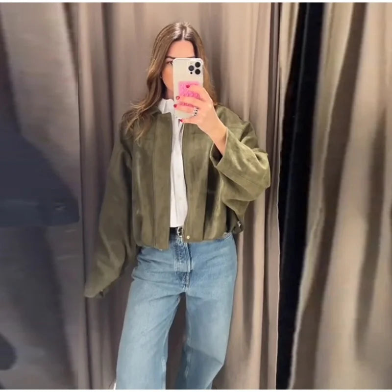 Fashion Brown Suede Bomber Jacket Women Elegant Zipper Lapel Long Sleeve Short Coats Female Vintage Street Chic Lady Outerwear