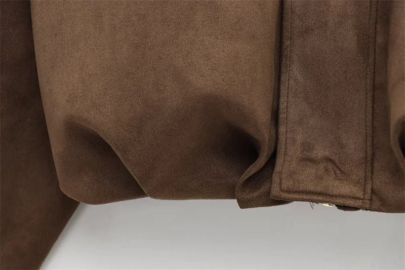 Fashion Brown Suede Bomber Jacket Women Elegant Zipper Lapel Long Sleeve Short Coats Female Vintage Street Chic Lady Outerwear