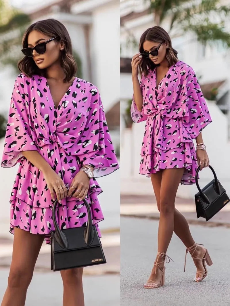 Elegant Summer Ruffl Mini Dress Office Dress for Women's Casual Bat Sleeve Flowers Print Bohemian Beach Vacation Sundress Women
