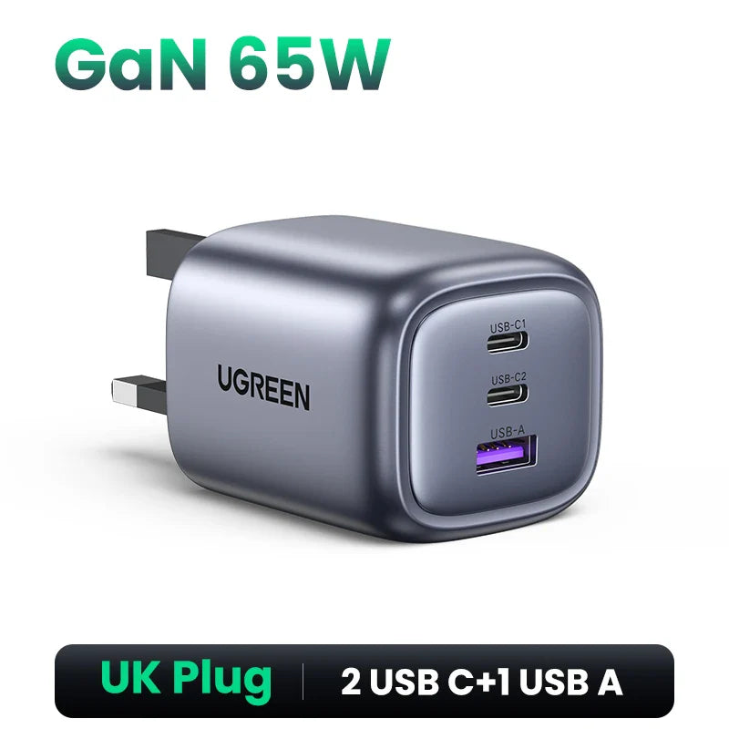 UGREEN 65W GaN зарядний пристрій Quick Charge 4.0 3.0 USB C зарядний пристрій для iPhone 16 15 14 Pro Max ноутбука Macbook Air планшета PD швидка зарядка