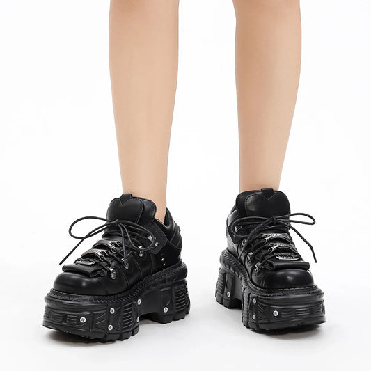New Punk Style Women Shoes Lace-up Heel Height 6CM Platform Shoes Woman Gothic Ankle Rock Boots Metal Decor Woman Sneakers
