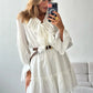 Tossy Ruffled V-Neck White Mini Dress Female Patchwork Long Sleeve Elegant Bandage Fashion Dress High Waist Lace-Up Women Dress