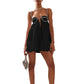 Women Loose Spaghetti Strap Dress Summer Crystal Rhinestone Cutout Cocktail Party Mini A-line Dress for Beach Nightclub