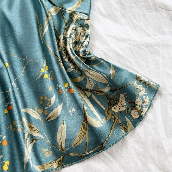 Female 3PCS Pajamas Set Spring Summer New Sleepwear Home Clothes Print Cherry Flower Long Kimono Bathrobe Gown Rayon Loungewear