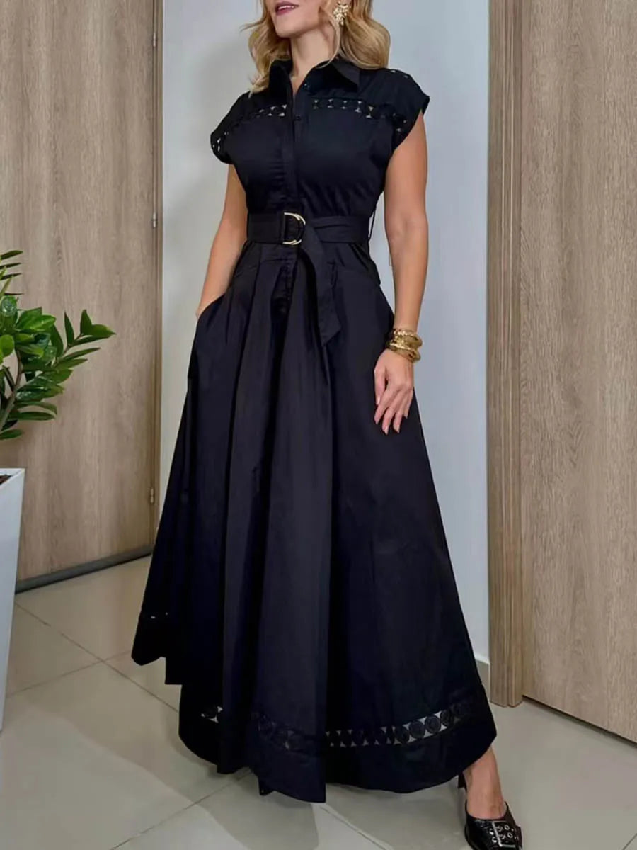 VGH Solid Color Patchwork Sashes Women's Party Dresses Lapel Short Sleeve High Waist Spliced Hollow Out Pleated Dress Female New