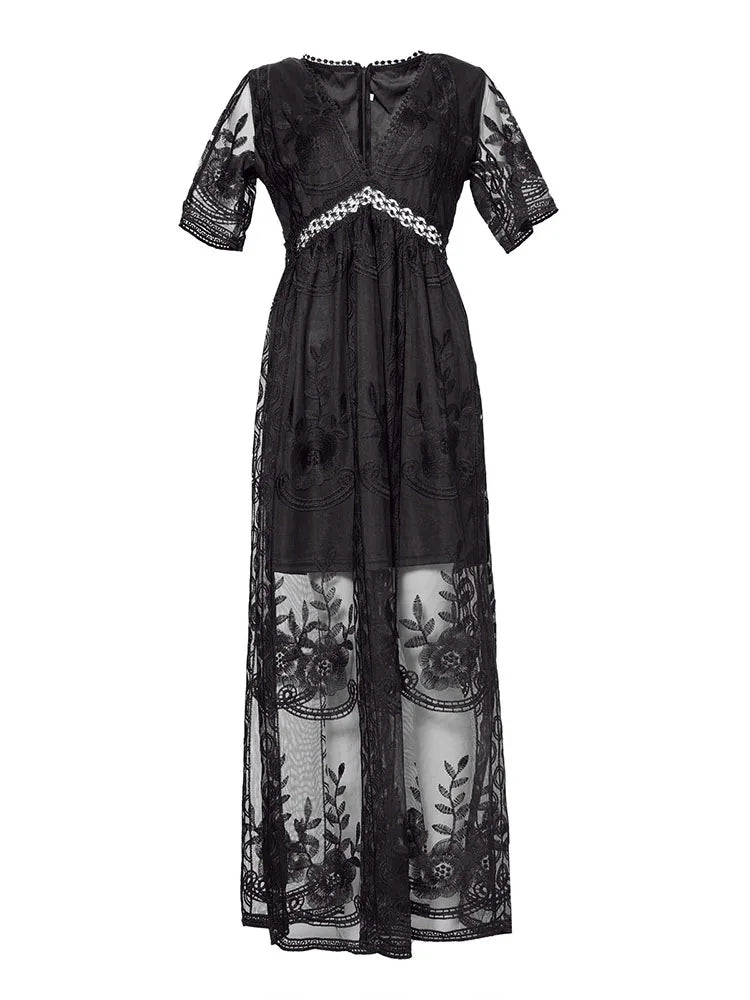 Jastie 2025 Summer Boho Women Maxi Dress Loose Embroidery White Lace long Tunic Beach Dress Vacation Holiday Women Clothing