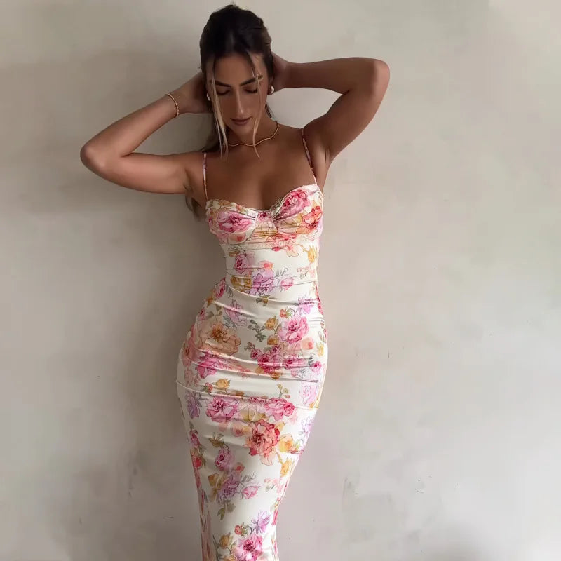 Fashion Summer Print Strap Women Dress Sleeveless Slim Fit Sexy Backless Camisole Dress Dresses for Women 2025 Q034