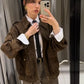 Fashion Brown Suede Bomber Jacket Women Elegant Zipper Lapel Long Sleeve Short Coats Female Vintage Street Chic Lady Outerwear