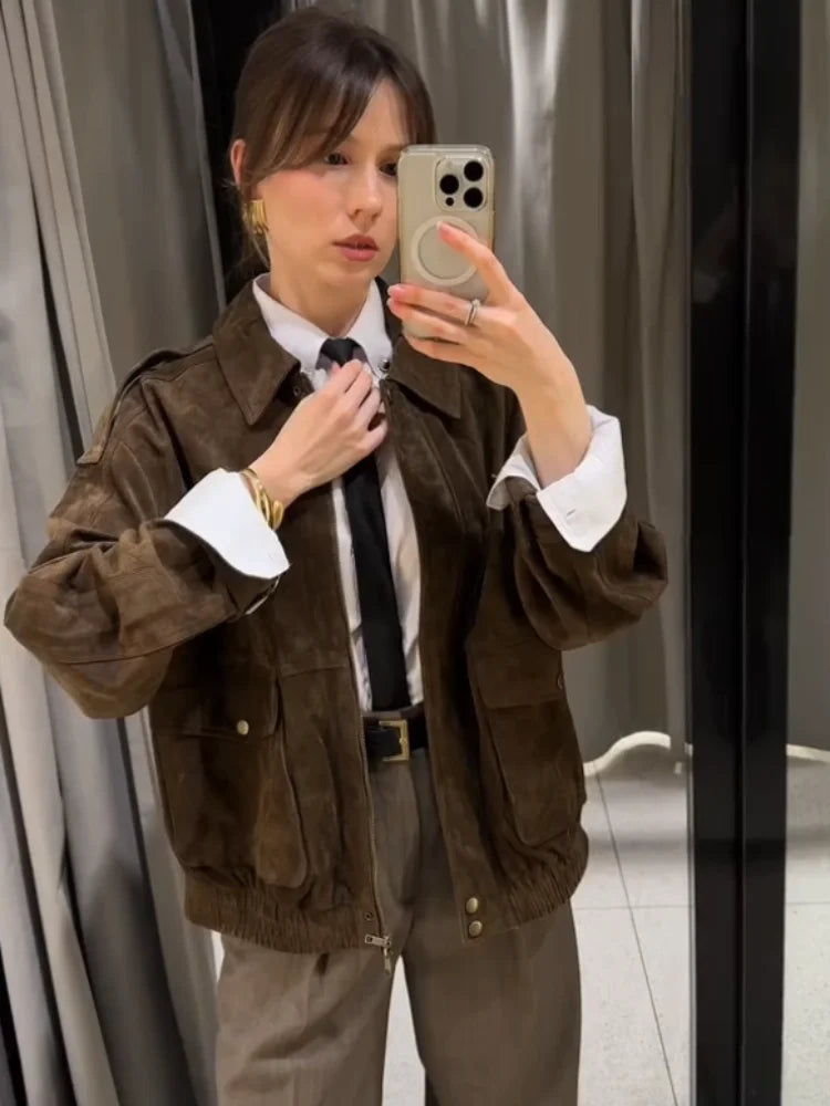 Fashion Brown Suede Bomber Jacket Women Elegant Zipper Lapel Long Sleeve Short Coats Female Vintage Street Chic Lady Outerwear