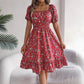 Summer Women's Beach Dress Floral 3D Print Square Neck Short-Sleeved Ladies Waist Ruffled A-Line Dress For Women Holiday Dresses