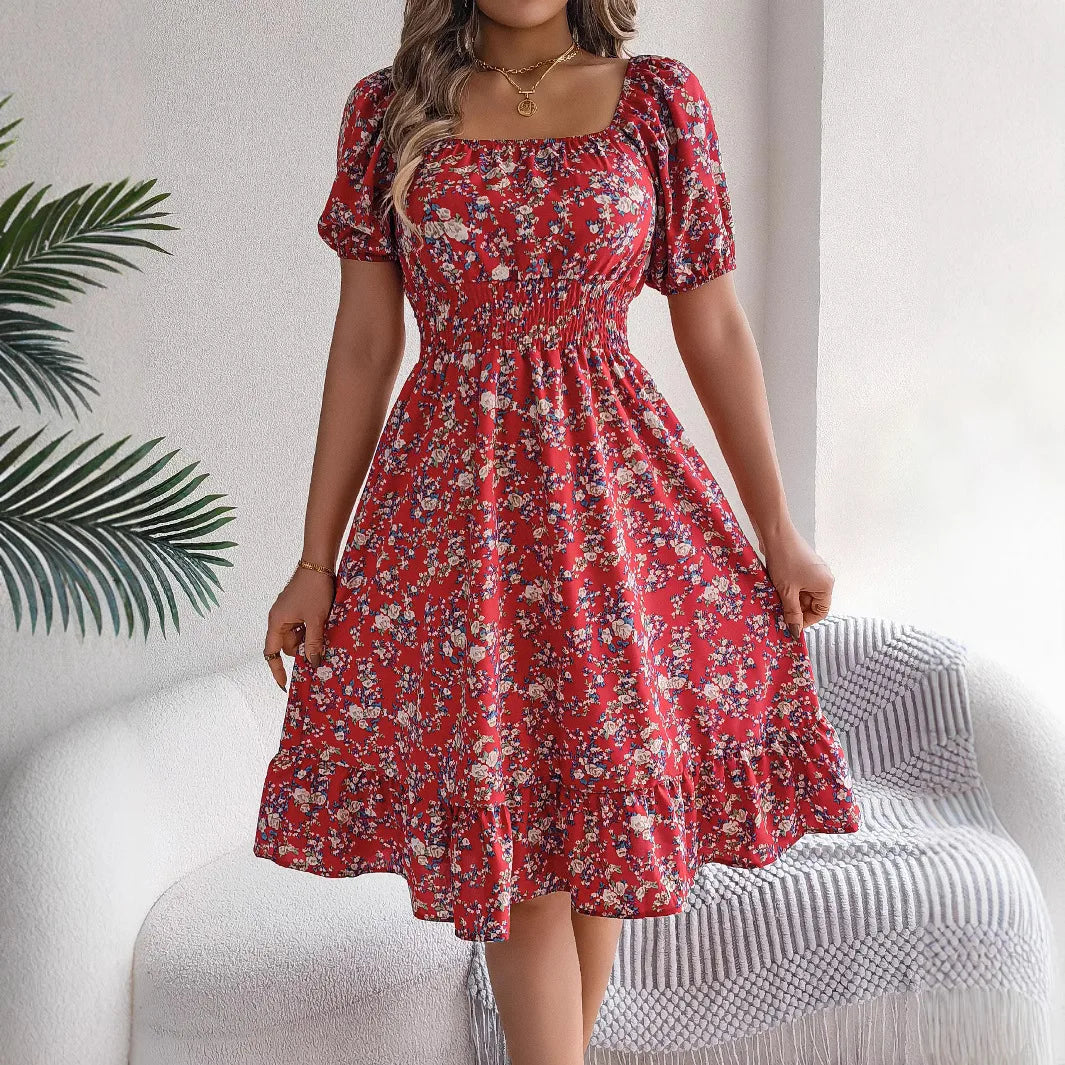 Summer Women's Beach Dress Floral 3D Print Square Neck Short-Sleeved Ladies Waist Ruffled A-Line Dress For Women Holiday Dresses