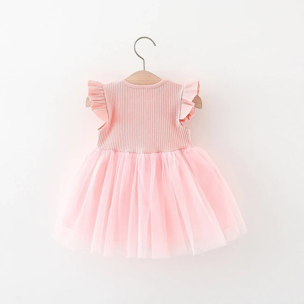 Summer New Waist Line Flower Mesh Yarn Skirt Girl's Flying Sleeves Knitted Pit Stripe Small Skirt Spliced Dress