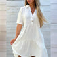 2024 Summer Solid Color Lapel Button Splicing Dresses Women Short Sleeve Dress Female Casual Commuter Cotton Linen Pleated Gown