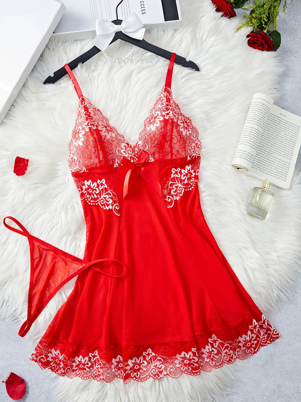 Red Contrast Mesh Lace Lingerie Set Deep V Transparent Slip Nightdress & Thong Pijamas Set Women's Sexy Lingerie Adult Nightwear