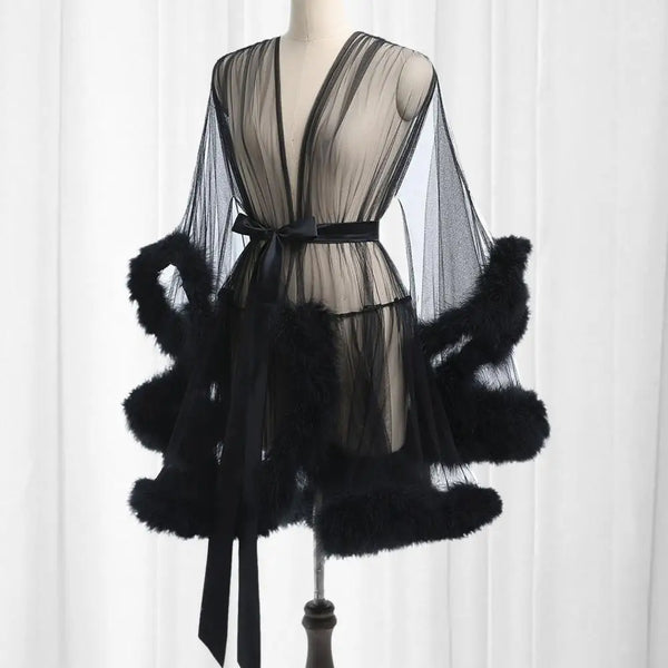 Women Solid Color Nightgown Mesh Ruffle Nightgown with Adjustable Waist Tie Sexy Plush Trim Sleepwear for Women Elegant Solid