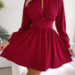 Spring And Autumn Style Long Sleeved Dress Short Skirt Sexy Chest Hollow Half Collar Waist Cinching Big Swing Pullover Red Dress