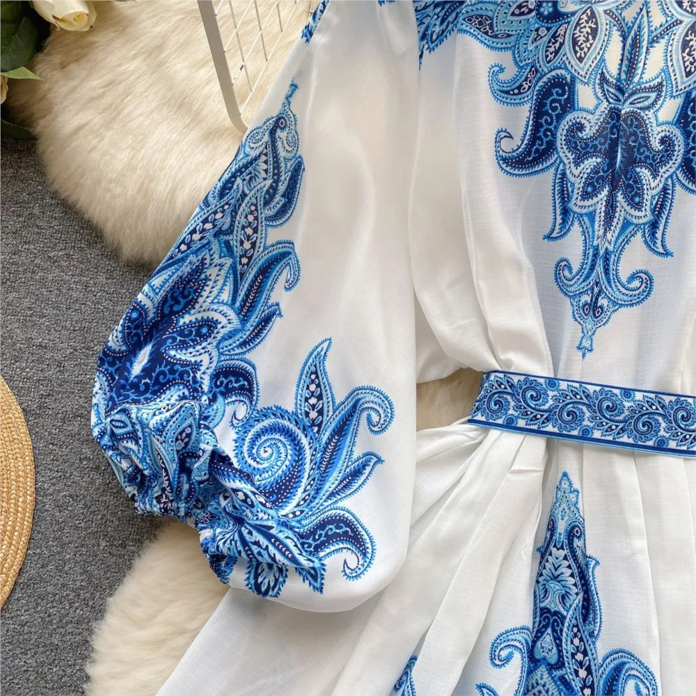Vintage Print Elegant Puff Sleeve A-line Vneck Mini Dress Casual Women Fashion Autumn Spring Lace-Up Dress Vestidos De Mujer