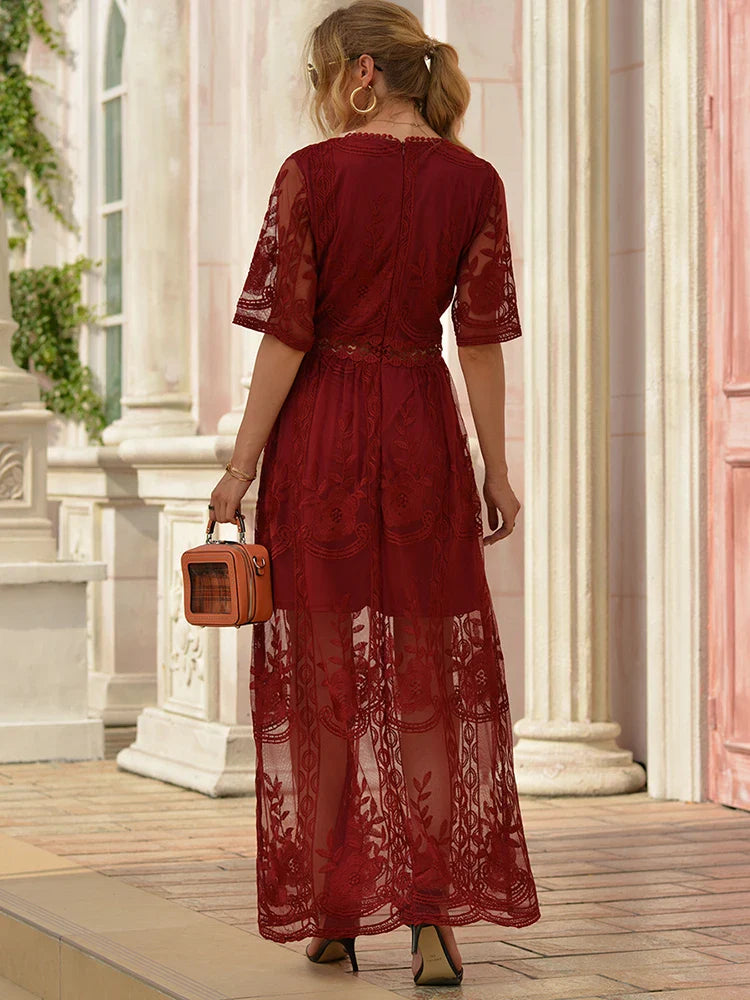 Jastie 2025 Summer Boho Women Maxi Dress Loose Embroidery White Lace long Tunic Beach Dress Vacation Holiday Women Clothing