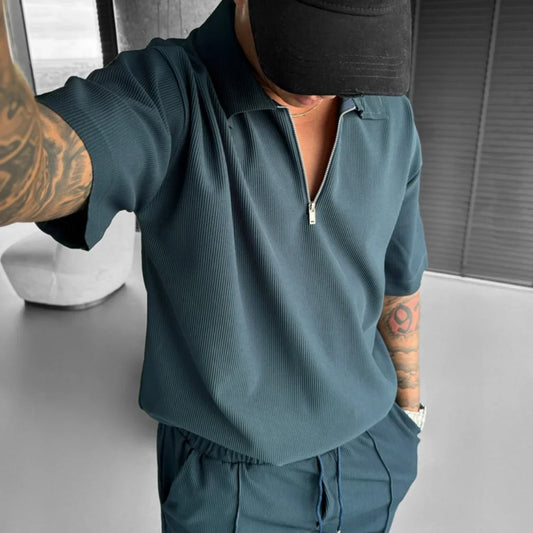 2025 summer men's new zipper polo casual short-sleeved drawstring shorts men's suit men's solid color casual sports fashion suit