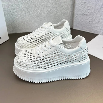 Summer Cutout Mesh Woven Casual Sneakers Round Toe Breathable Mesh Lightweight Front Lace-Up Booster Platform Shoes